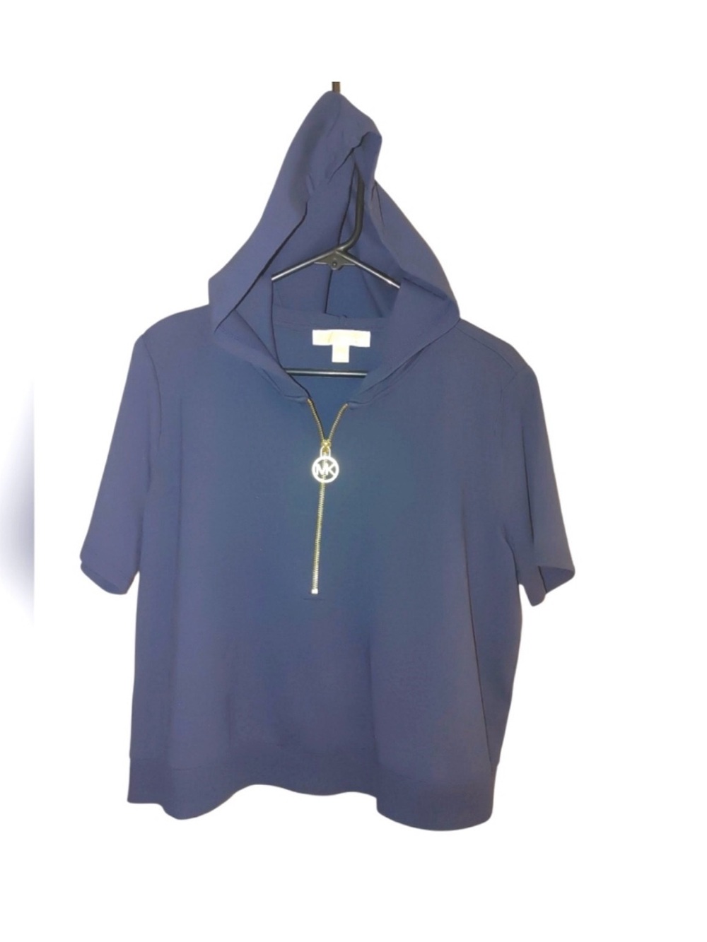 Michael Kors Navy Short Sleeve Hooded Top with Gold MK Zip